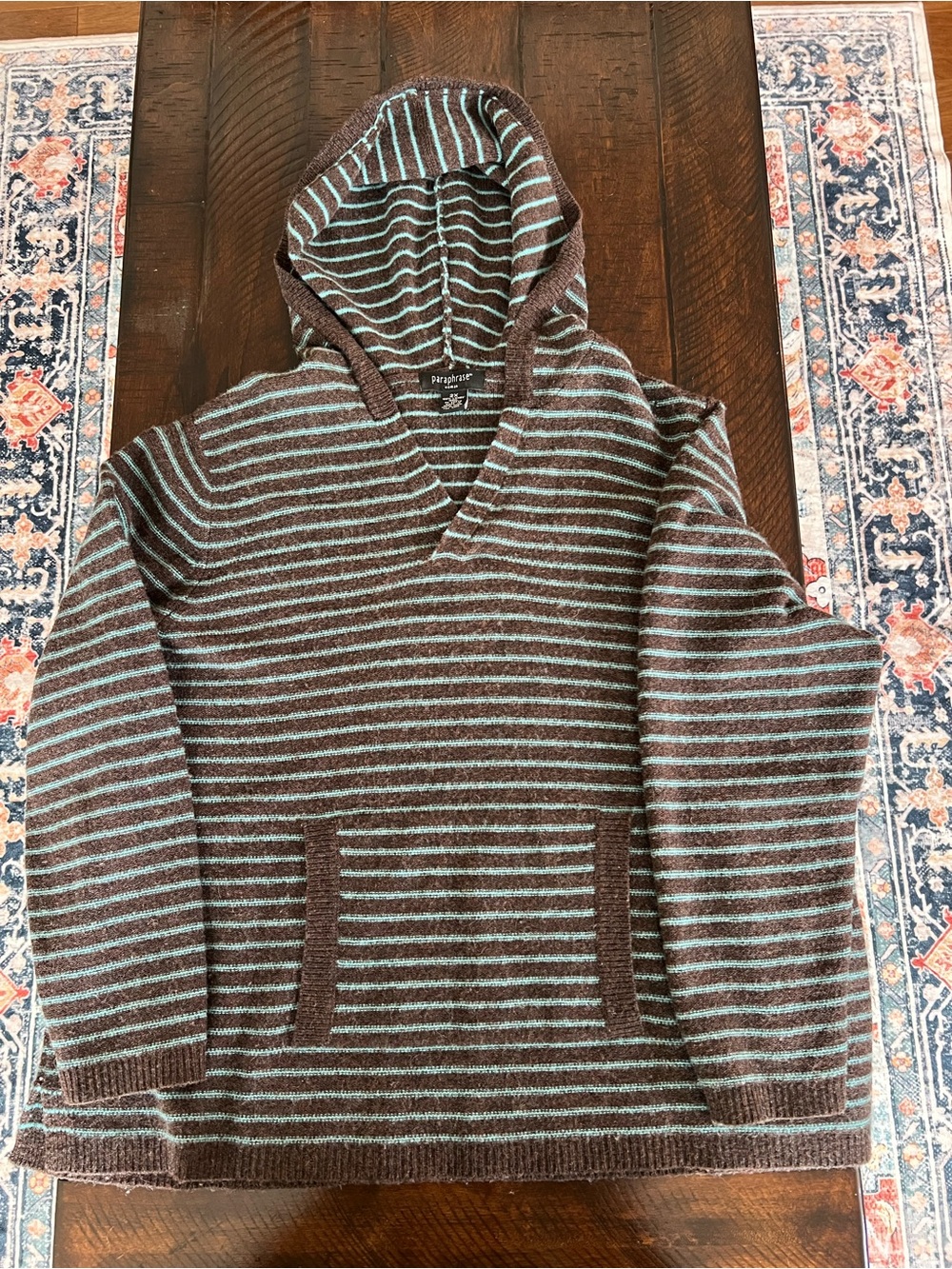 Paraphrase 2X 100% Lambswool Striped Hooded Sweater Brown Aqua